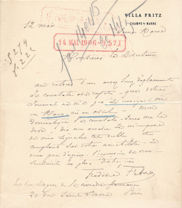comédien Frédéric FEBVRE lot 7 lettres autographe signé 1 à Delisbes 1 à Sarcey