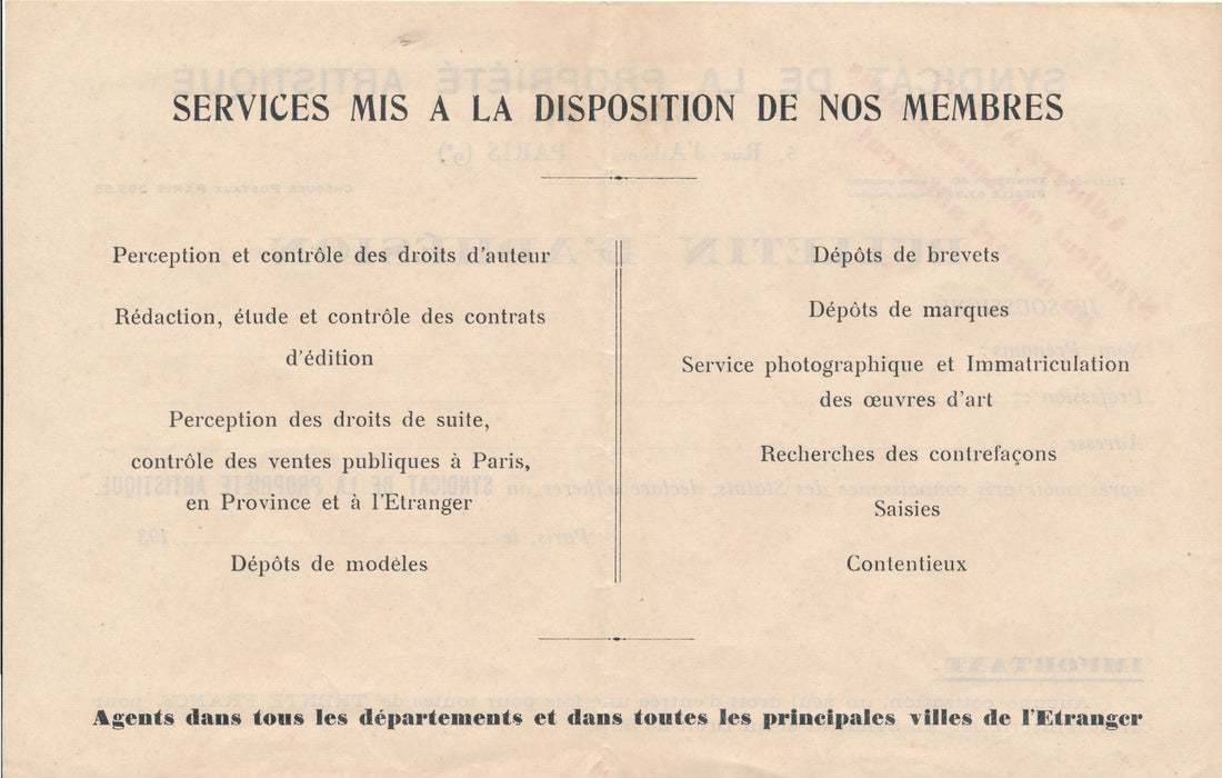 Syndicat de la propriété artistique 2 documents 1934 bulletin convocation