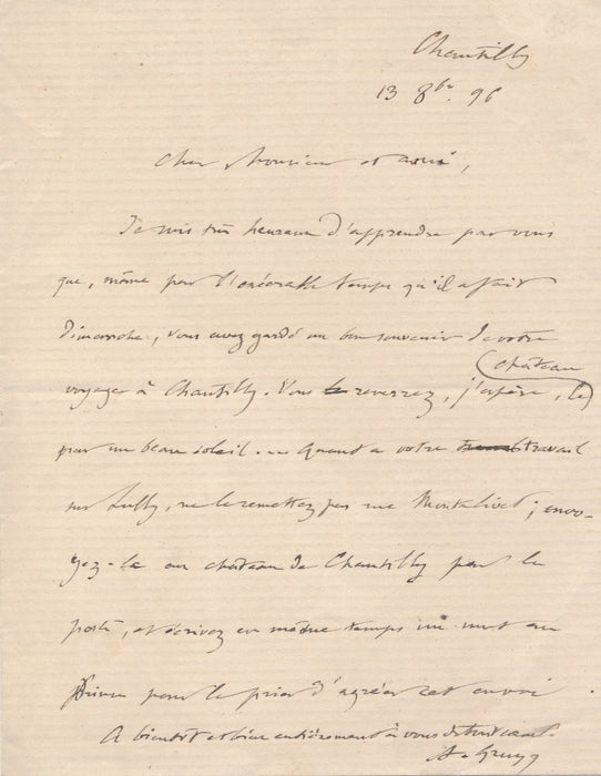 historien art F.  A. Gruyer lettre autographe signée visite Chantilly Aumale