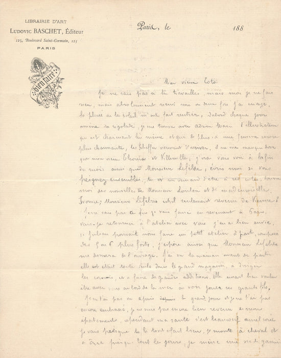 Marcel Baschet peintre à Paul Thomas belle lettre autographe jeunesse Lefbvre