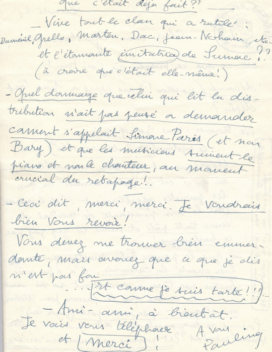 gouaille Pauline Carton ! Elle critique un spectacle lettre autographe signée