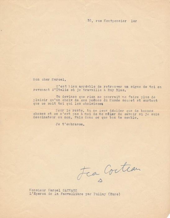 Jean Cocteau lettre signée à Marcel Sauvage poèmes Musée secret