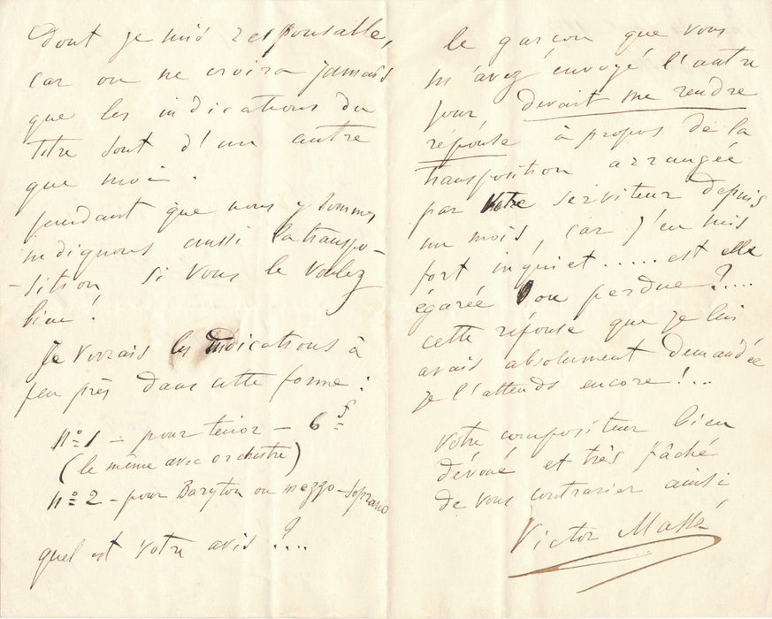 Victor MASSÉ sur la Fauvette du calvaire lettre autographe signée