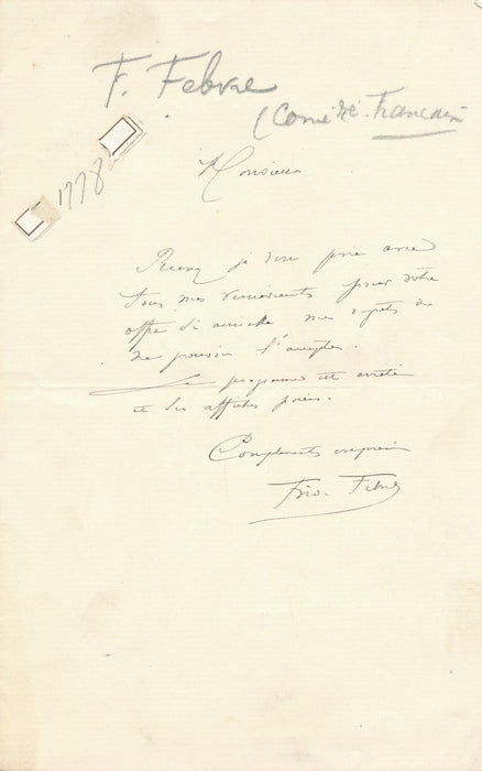 comédien Frédéric FEBVRE lot 7 lettres autographe signé 1 à Delisbes 1 à Sarcey