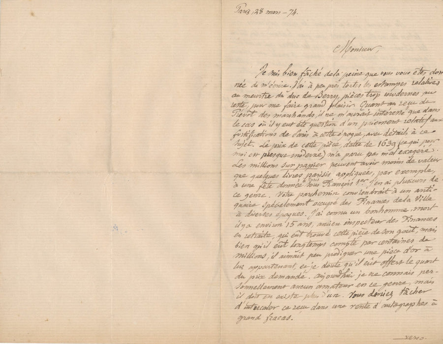Alfred Bonnardot historien meurtre duc Berry lettre autographe signée