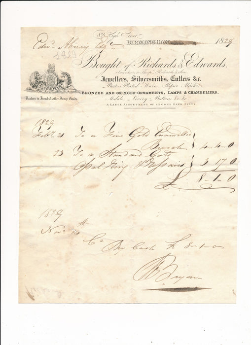Richards et Edwards Barmingham  orfèvres fabricants boutons 2 factures 1828 1829