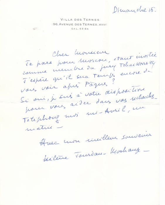 violoniste Hélène Jourdan Morhange lettre autographe signée jury Tchaïkowski