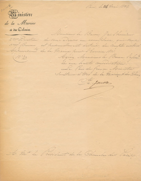 Louis JACOB vice amiral homme politique lettre signée militaria navire