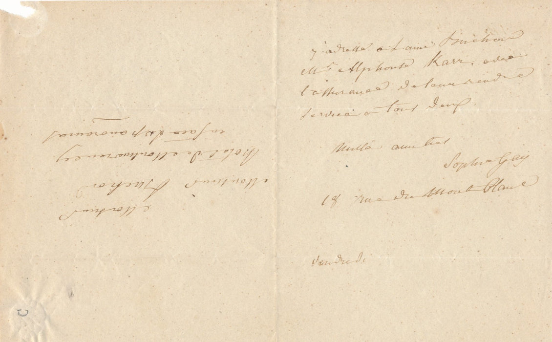 Sophie Gay met en relation un ami avec Alphonse Karr billet autographe signé