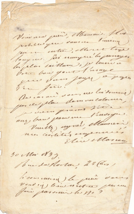 Elise Moreau lettre autographe signée à propos d'une prière 1837