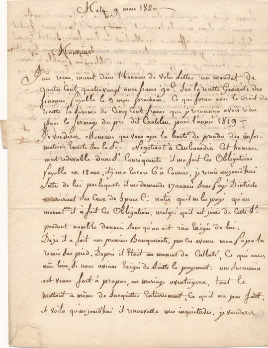 Famille de Flavigny Metz 1820 lettre autographe signée