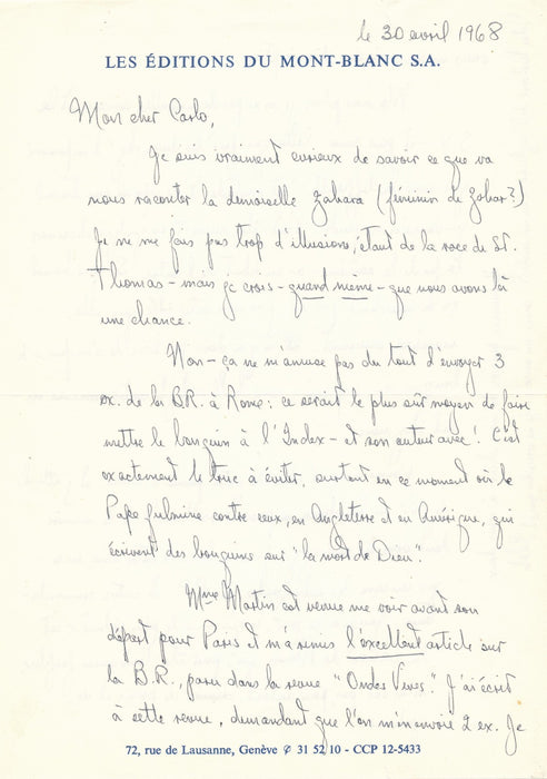 Bernard Steele éditions Denoël 16 lettre autographe éd. Mont Blanc Carlos Suarès