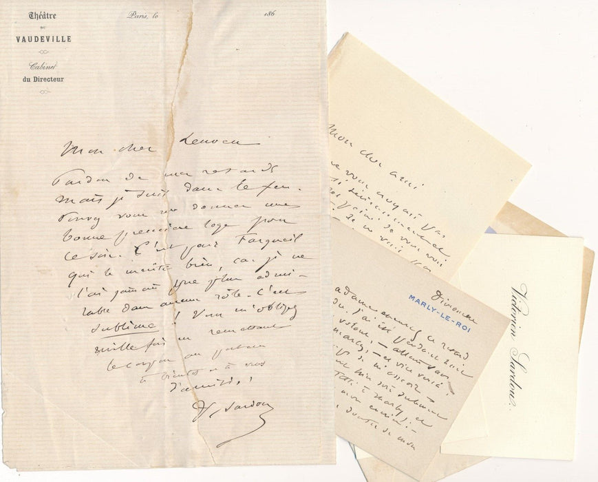 Théâtre Victorien SARDOU 2 lettre autographe et 1 carte Anaïs Fargueil hommage
