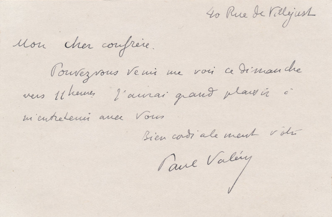 Paul Valéry carte autographe signée à un confrère Valery