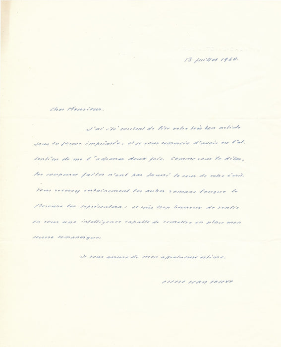 Pierre Jean Jouve 3 lettres autographe signées critique livre