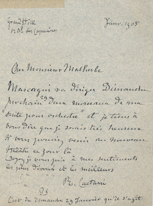 Roffredo Caetani Suite pour orchestre Mascagni lettre autographe signée 1905