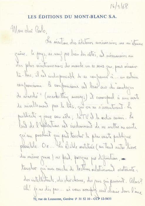 Bernard Steele éditions Denoël 16 lettre autographe éd. Mont Blanc Carlos Suarès