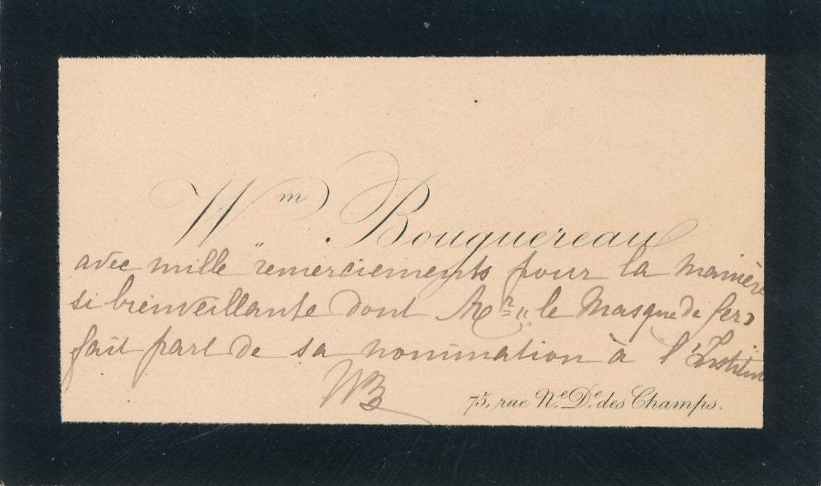 William BOUGUEREAU carte visite autographe signée masque de fer ? peinture