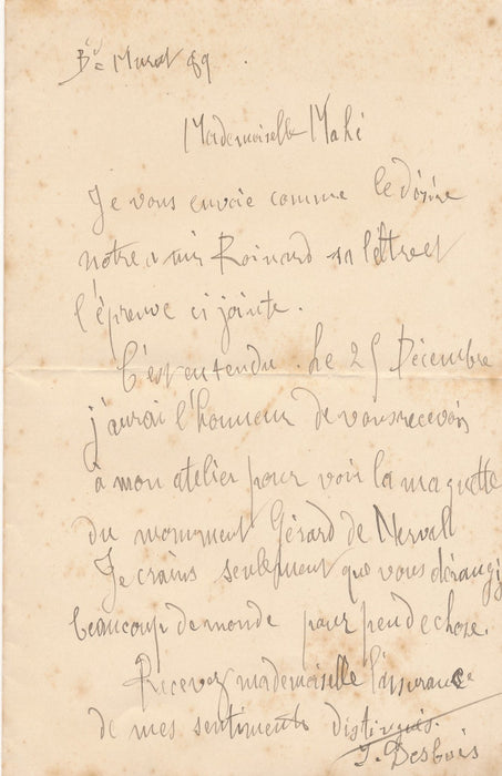 Jules Desbois 2 lettres autographes poète Roinard monument Gérard de Nerval