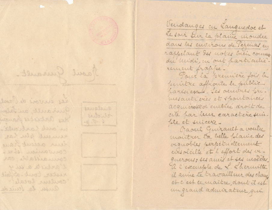 critique Raymond Selig peintre Raoul Guiraud lettre autographe signée Béziers