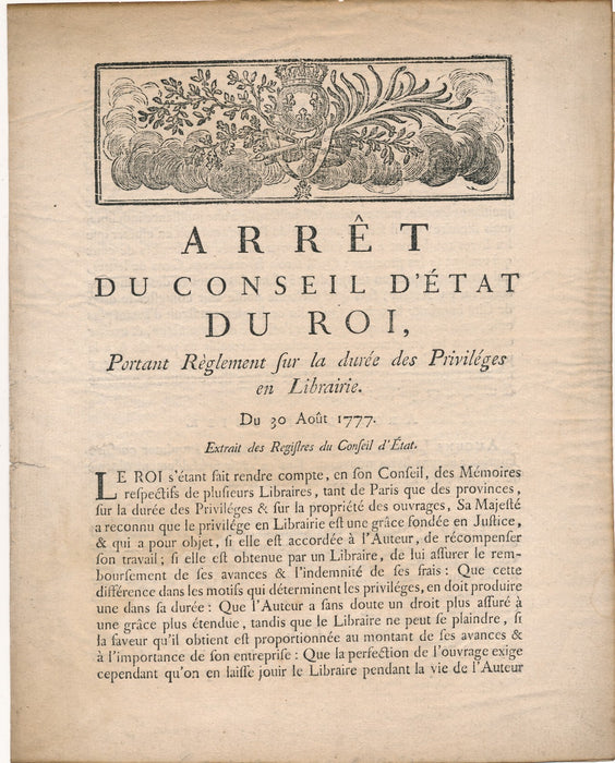 Arrêt Conseil Etat durée privilèges Librairie 30 août 1777 imprimé droit auteur