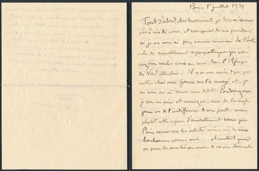 Georges-Antoine ROCHEGROSSE belle lettre autographe signée sur Paris et Algérie