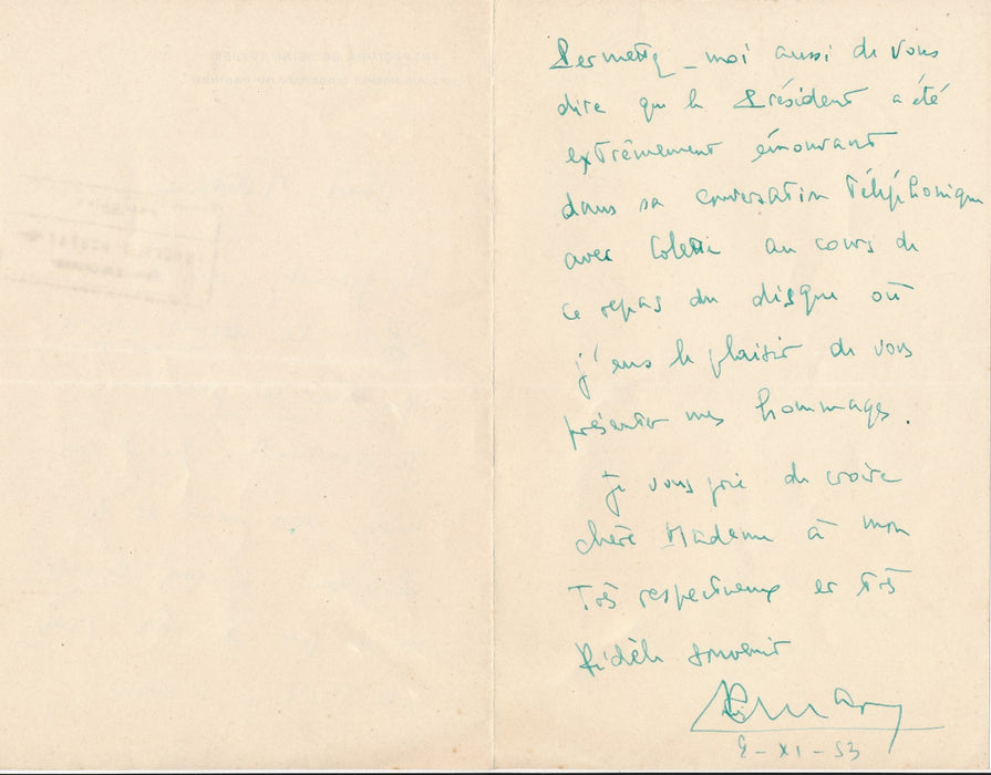 Louis Amade à Mme Vincent Auriol lettre autographe signée Colette 1953