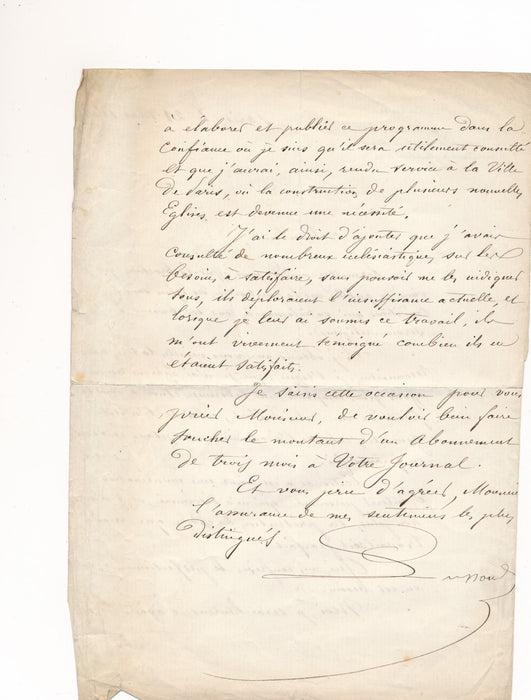 Adrien-Louis LUSSON sur les églises parisiennes 2 lettres autographes signées