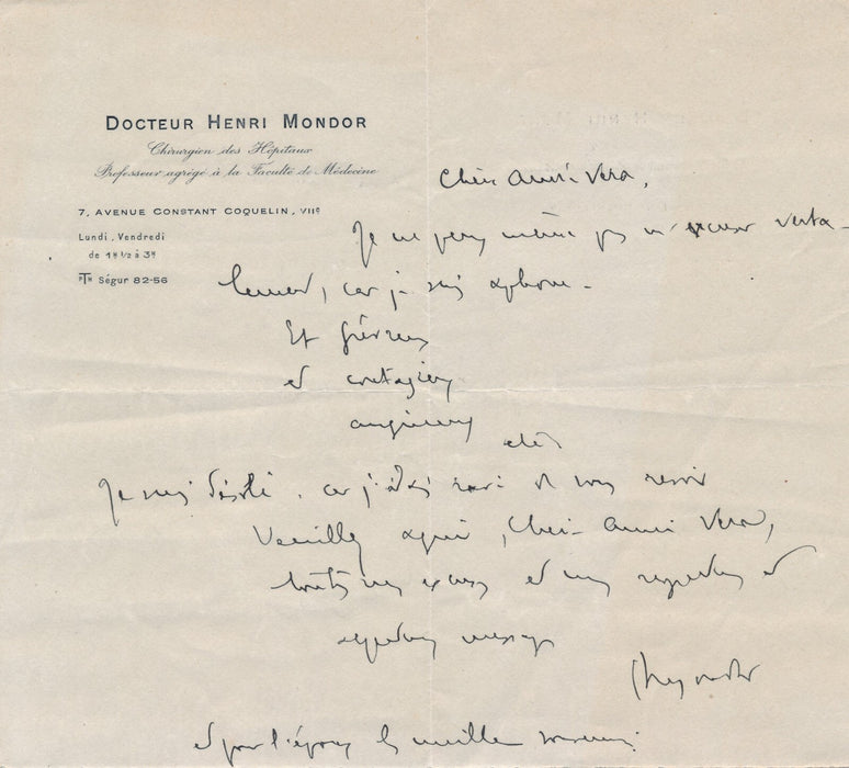 Henri Mondor 1 lettre autographe signée Jeannette Graux et 4 billets à Vera Bour
