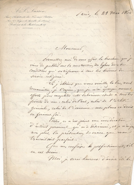 Adrien-Louis LUSSON sur les églises parisiennes 2 lettres autographes signées