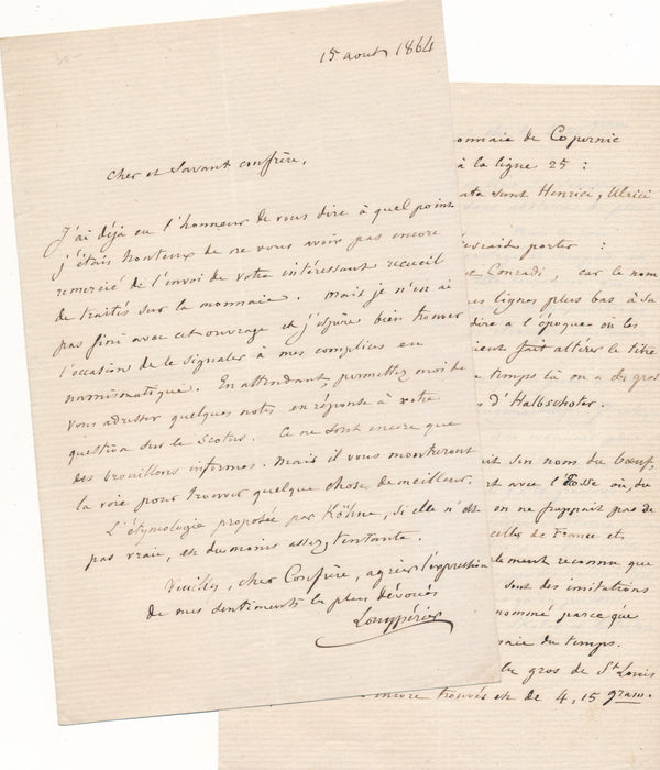 Adrien Prévost de Longpérier numismate monnaie lettre et note autographe Scotus