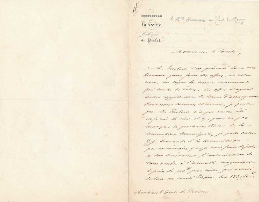 Baron Haussmann préfet comte de Morny achat terrains lettre autographe