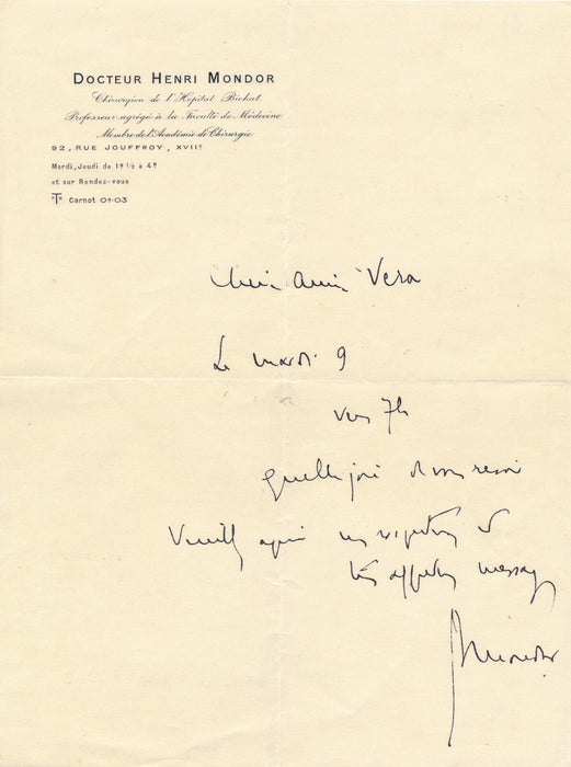 Henri Mondor 1 lettre autographe signée Jeannette Graux et 4 billets à Vera Bour