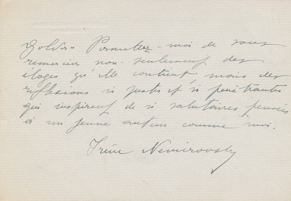 Irène Némirovsky remercie pour David Golder Mercure de France carte autographe