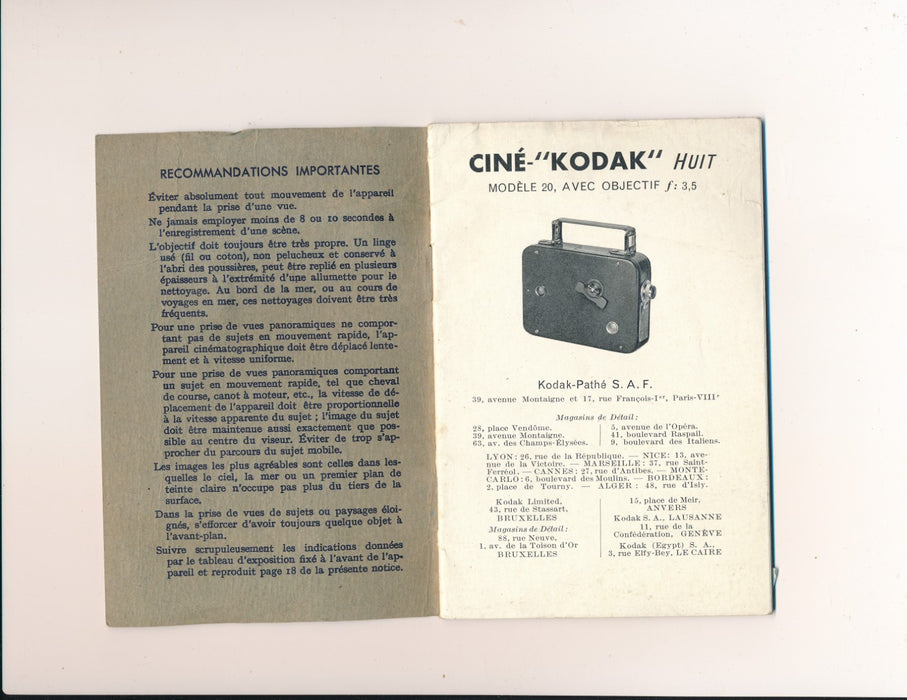 Manuel du Ciné Kodak Huit modèle 20 livret caméra photographie