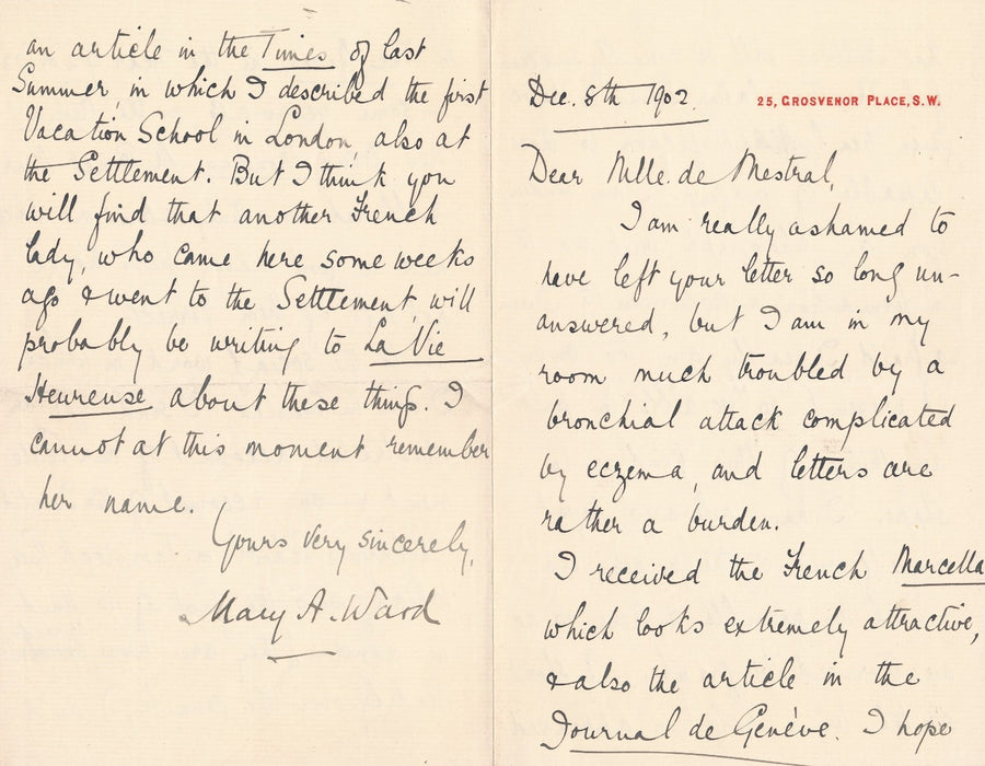 Mary Augusta Ward correspondance 21 lettres autographes signées à sa traductrice