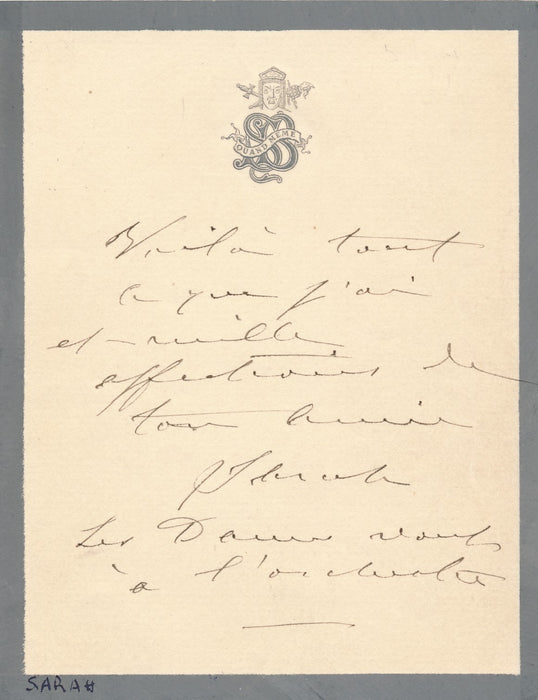 mille affections de Sarah Bernhardt actrice billet autographe signé