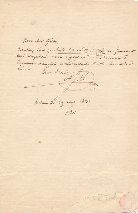 Auguste Jal invite Gudin avec Langlois et le colonel Voutier lettre autographe
