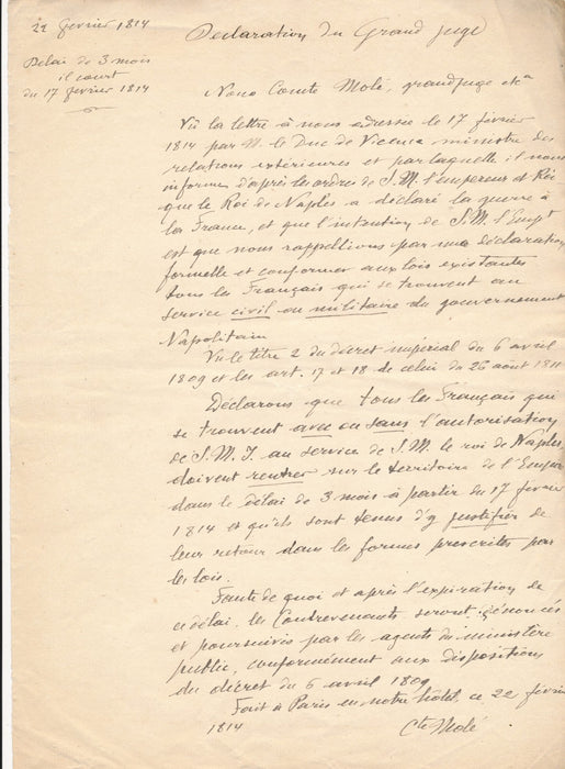 Mathieu Molé comte guerre Joachim Murat Italie lettre autographe signée