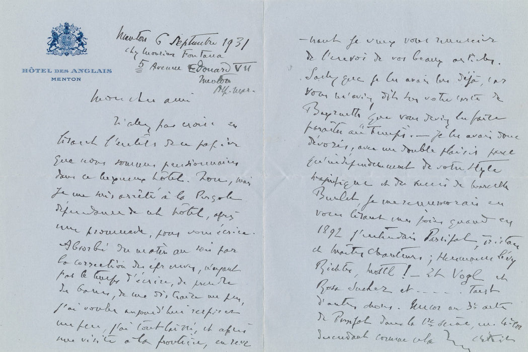 Alfred BACHELET au compositeur musical Gustave SAMAZEUILH belle lettre