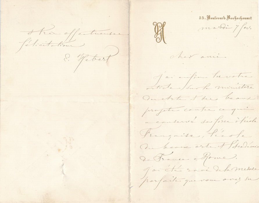 Ernest Hébert : non à un ministère des arts lettre autographe signée