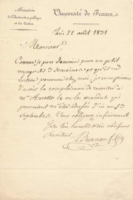 Eugène Burnouf  3 lettres autographes signées fondateur Société asiatique