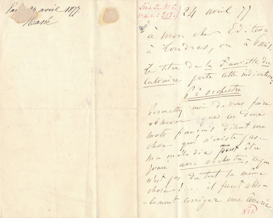 Victor MASSÉ sur la Fauvette du calvaire lettre autographe signée