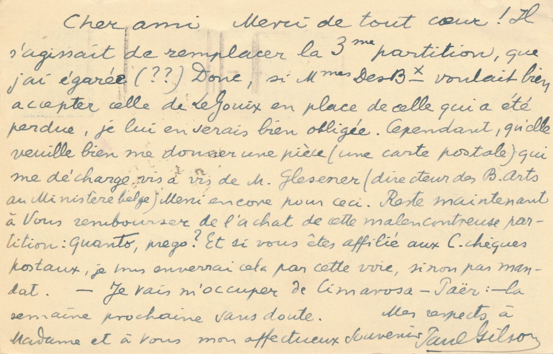 musicien Paul Gilson correspondance 2 lettres 2 cartes à Léon Ponzio baryton