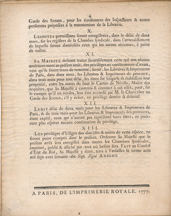 Arrêt Conseil Etat durée privilèges Librairie 30 août 1777 imprimé droit auteur