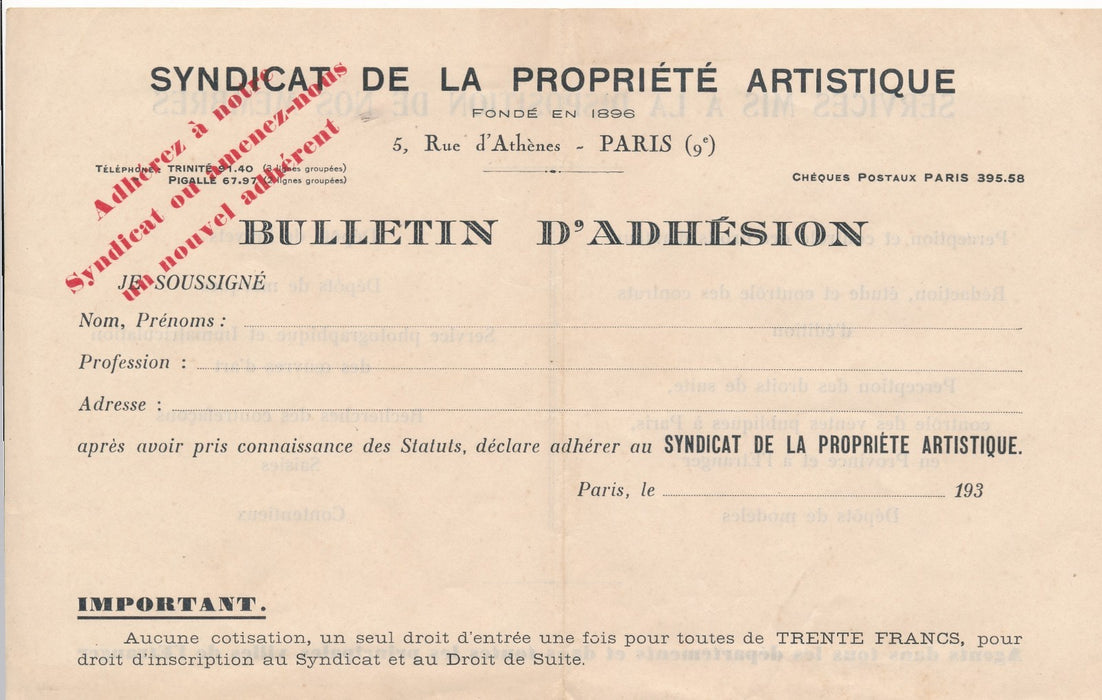 Syndicat de la propriété artistique 2 documents 1934 bulletin convocation