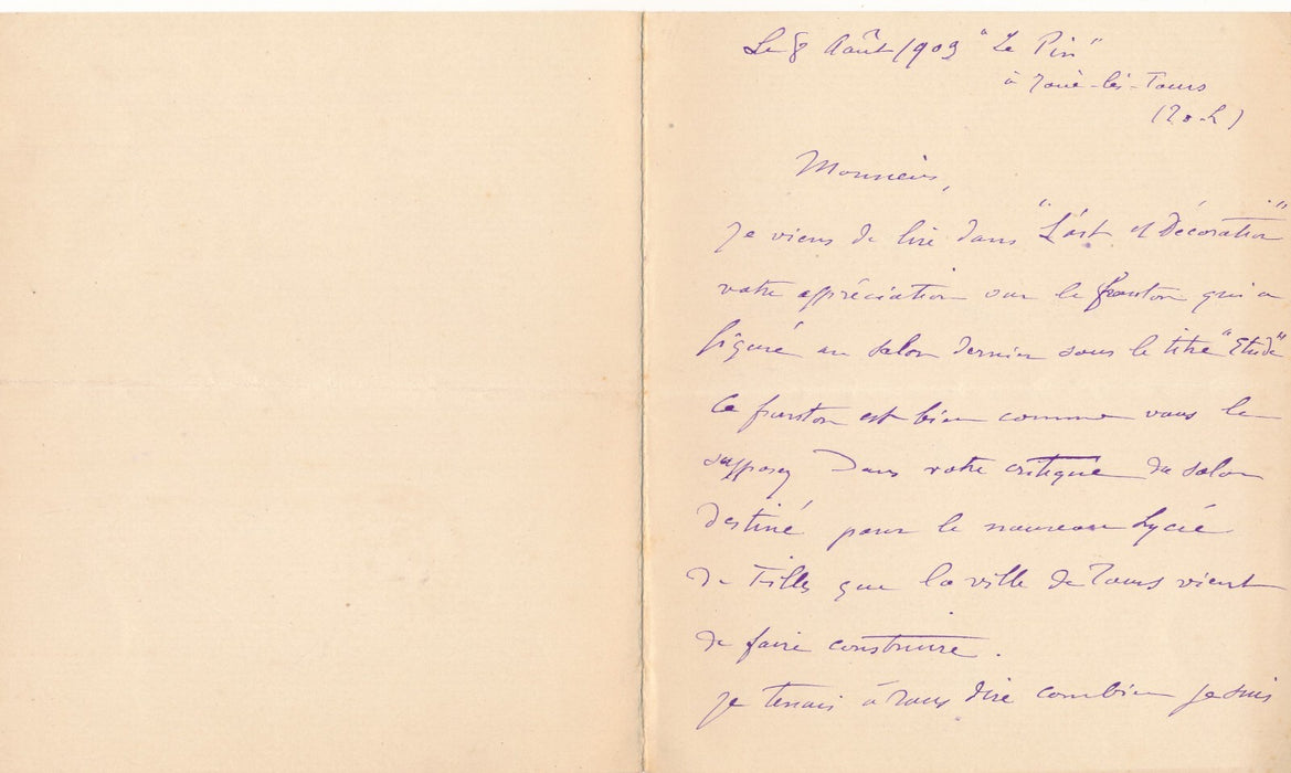 François Sicard 2 lettre autographe sculpture Lycée Filles Tours Entraigues