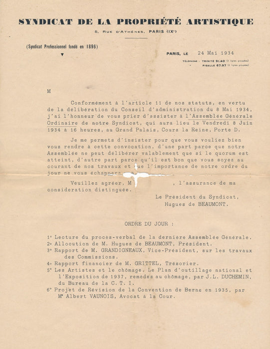 Syndicat de la propriété artistique 2 documents 1934 bulletin convocation