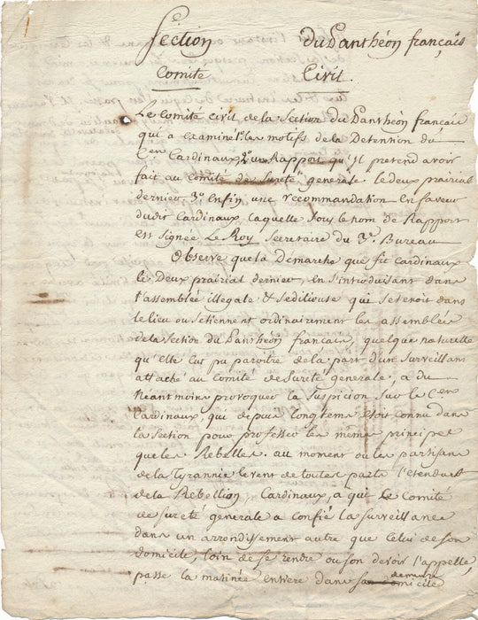 v. 1794 Révolution fin Terreur Panthéon Français manuscrit contre les Rebelles