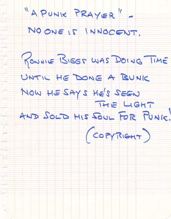 Ronnie Biggs Train Robbery dédicace autographe signée et note Sex Pistols
